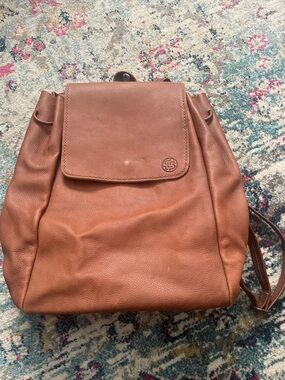 Brown Leather Backpack with Embossed Circle Logo